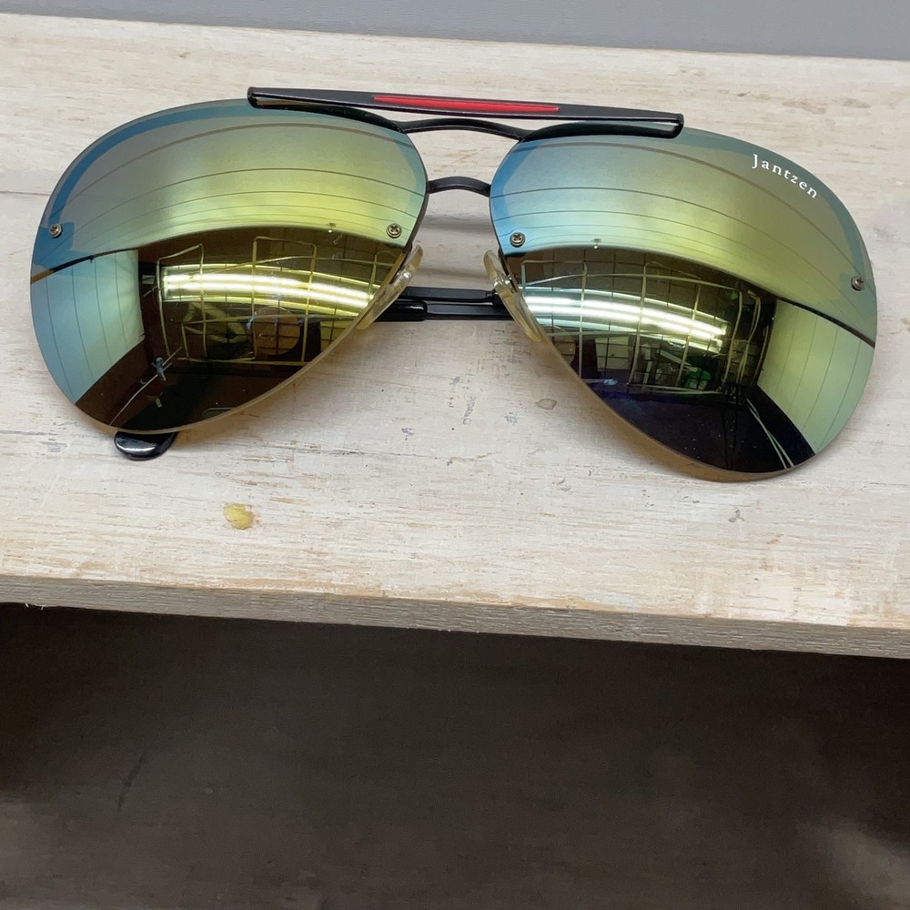 Jantzen Vintage Aviator Sunglasses Black Metal Frame Yellow Green Mirrored Lens